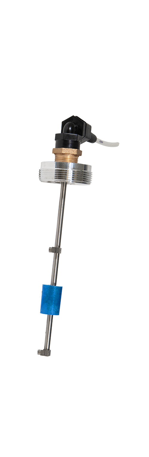 Geotech tankfull probe with a 90 degree angles cable connectiong to a metal cap connecting to a metal shaft that has ttwo switchs with a blue float inbetween.
